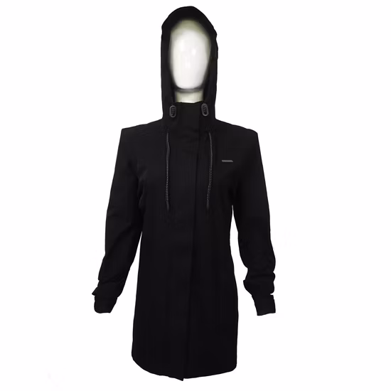 Chaqueta Softshell larga negra de cintura delgada para mujer, cortavientos, ropa de lluvia a prueba de agua con capucha, abrigo para mujer