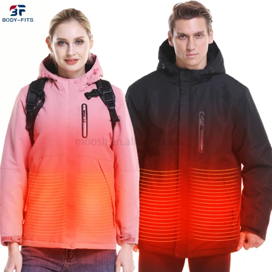 Chaqueta con capucha de esquí OEM para mujer, chaqueta calentada con batería de carga USB de invierno de talla grande impermeable para hombres
